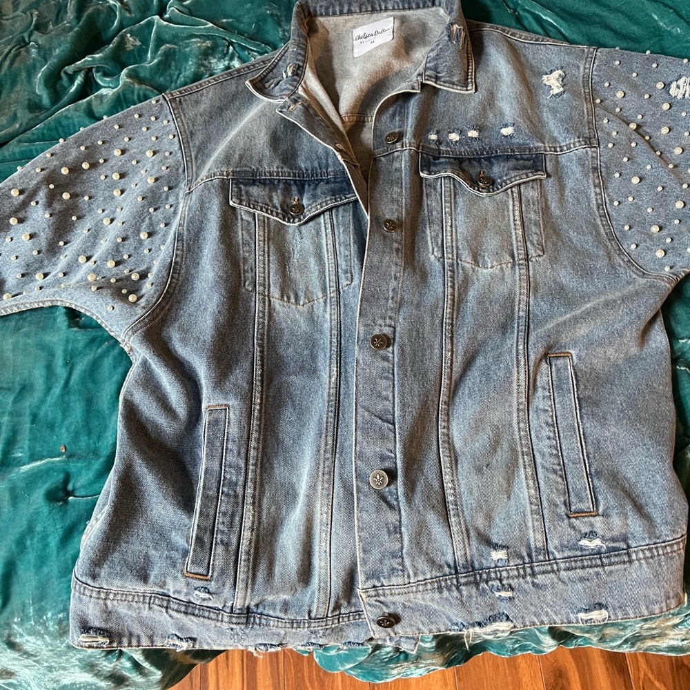 Lily and Lottie distressed pearl denim jacket